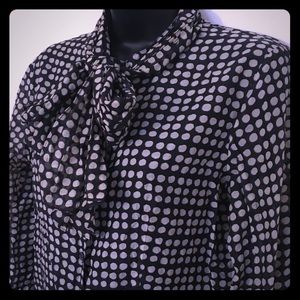 Top with Neck Tie Navy and Tan Polka Dot Sheer M